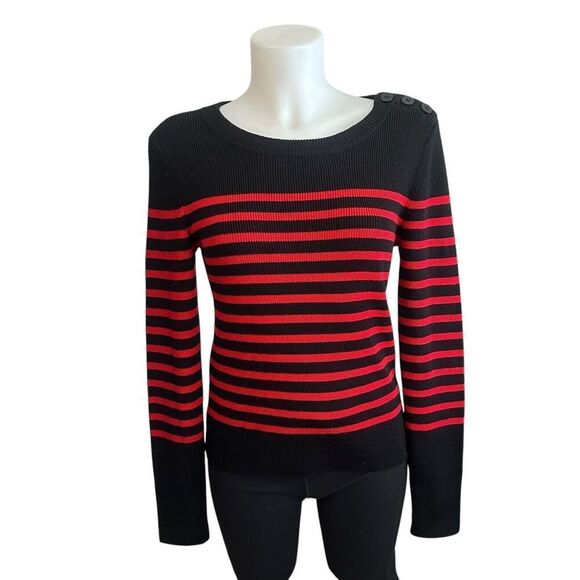 Frame Button Shoulder Stripe Red Black Merino Wool Thick Knit Sweater small - Picture 1 of 7